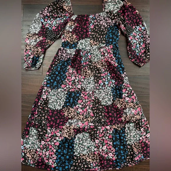 Patchwork square neck midi boho peasant milkmaid cottagecore dress puff sleeve - Picture 6 of 7